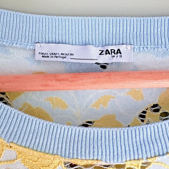 ZARA Pastel Lace Sheer Floral Top Blue Yellow Chevron Scallop Flutter Sleeve L - Picture 2 of 8